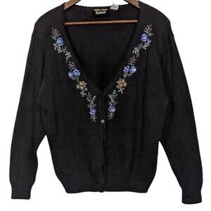 VTG 90s Floral Beaded V Neck Button Front Cardigan Sweater Cottagecore Grandma L